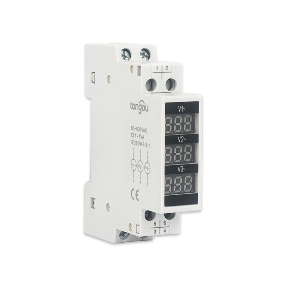80~500V Three Phase 35mm Din Rail Mount Voltage Meter Modular Voltmeter Gauge 3 LED Digital Display white