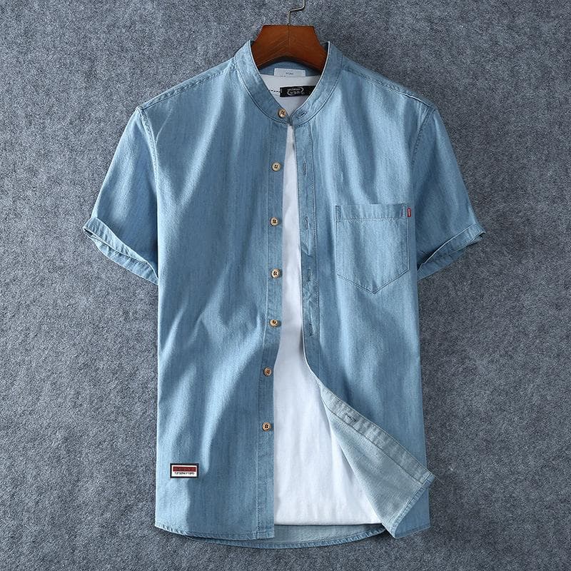 Men's Short Sleeve Denim Cotton Large Stand Collar Shirt SizeXL-8XL 3XL light blue
