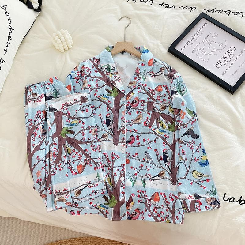Autumn and Winter New Ice Silk Home Wear Women's Lapel Cardigan Suit 2-piece Printed Women's Suit Soft Pajamas XXL