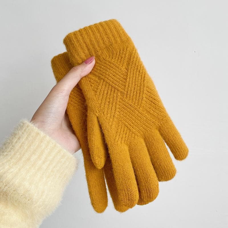 Fashion Women Winter Cashmere Cold Protection Double-layer Thickening Keep Warm Knitted Woolen Gloves yellow