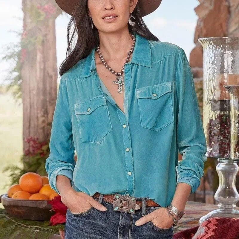 Vintage Velvet Office Casual Blouse Women Fashion Loose Long Sleeve Elegant Shirts Women Clothes Autumn Buttons Lady Tops 30089 M bright blue