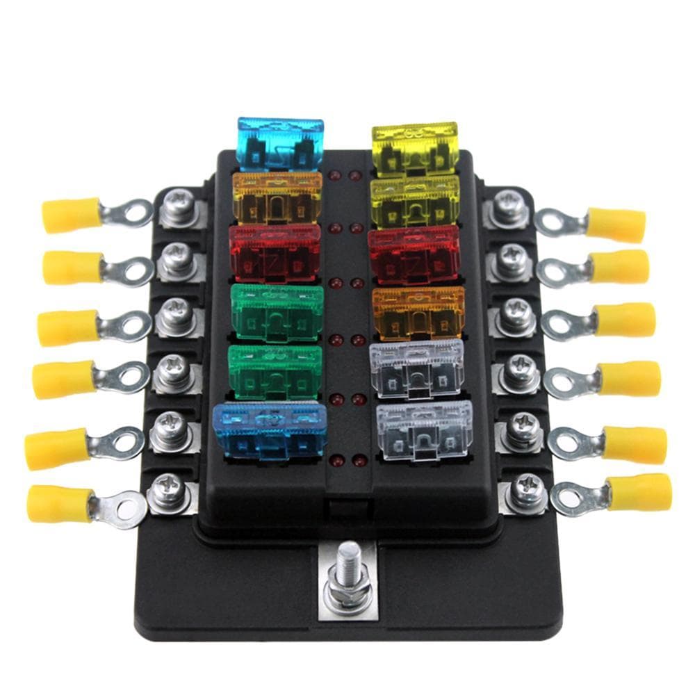 12 Way Blade Fuse Box Holder Fuse Blocks with Red LED Indicator Fuses Terminals for Car Boat Marine Caravan Truck