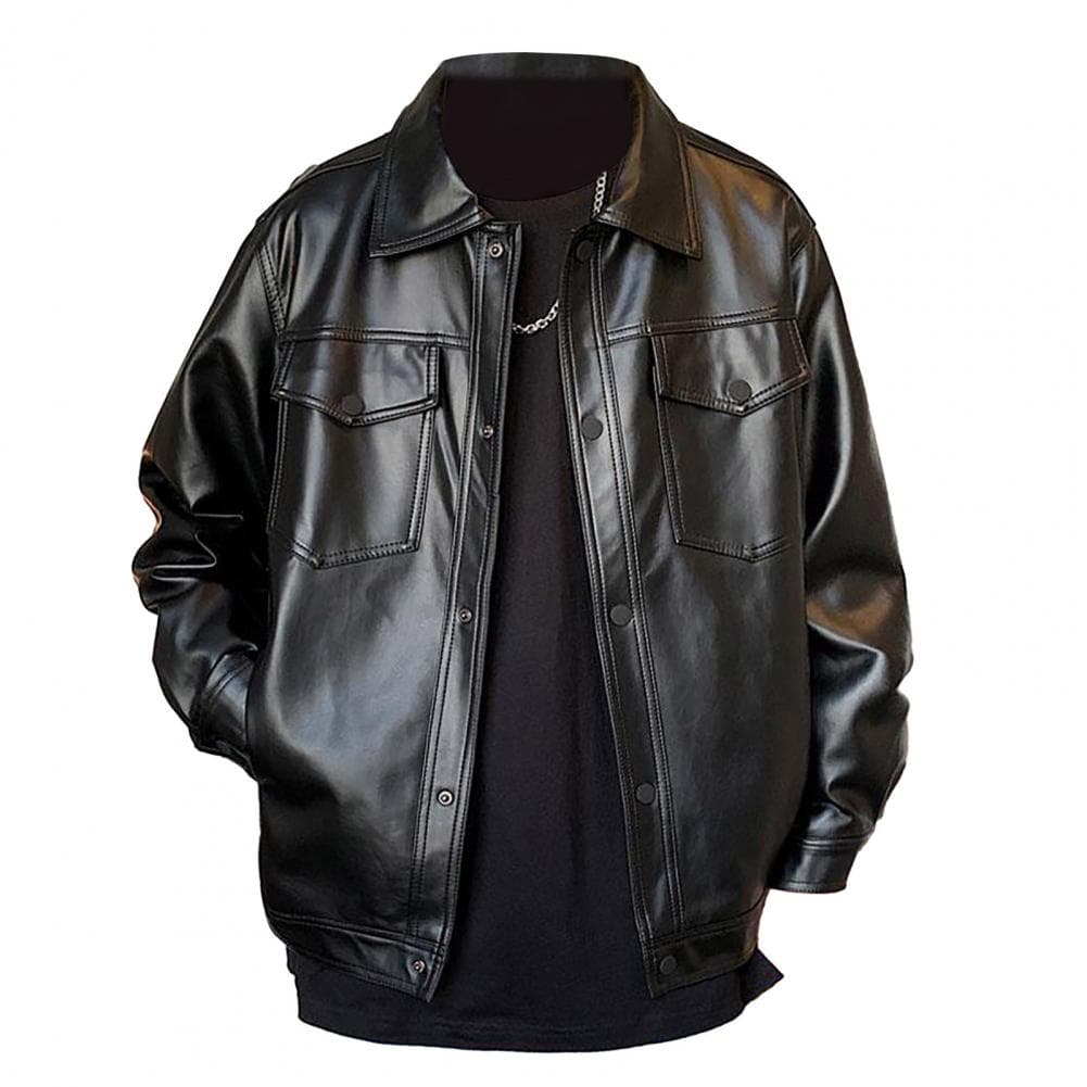 Men Faux Leather Jacket Spring Fall Turn-down Collar Breast Pocket Button Closure Long Sleeves Solid Color Black Male Casual Coa L black
