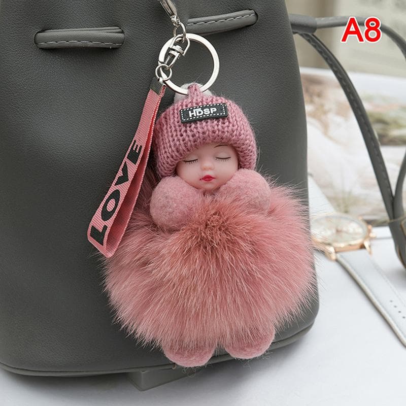 Pompom Sleeping Baby Keychain Cute Fluffy Plush Doll Keychains