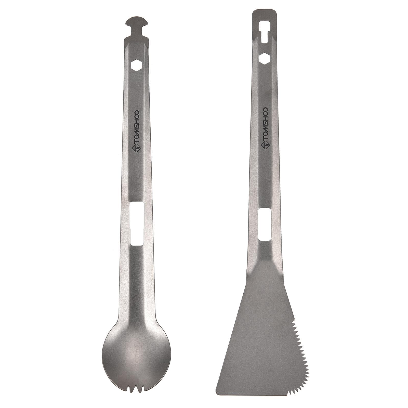 TOMSHOO Titanium Serving Tongs Multi-Purpose BBQ Tongs with Spork and Serrated Spatula for Camping