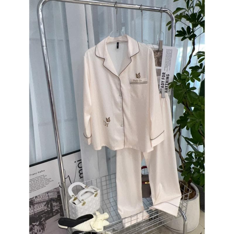 Butterfly Pocket Design Simple Women's Pajamas Herringbone Ice Silk Pajamas Set Satin Pajamas XL