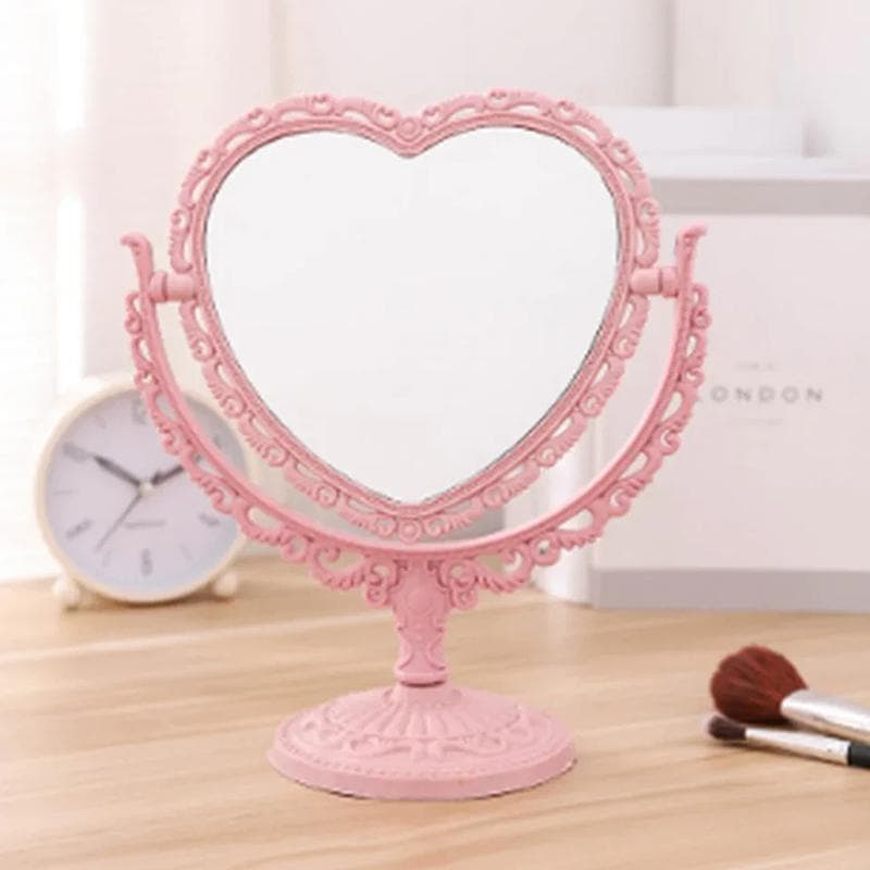 Desktop Makeup Mirror Heart Shape Makeup Portable Double-side Vanity Hand Mirror Cosmetic Mirror for Women Decoration Bedroom pink