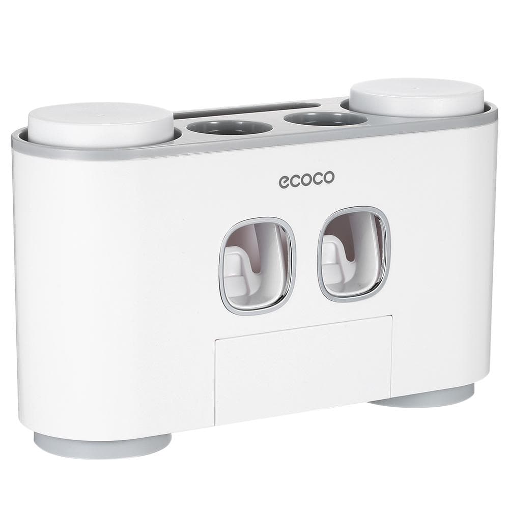 ecoco Wall-Mounted Toothbrush Holder with 2 Toothpaste Dispensers 4 Cups and 5 Toothbrush Slots White & Grey