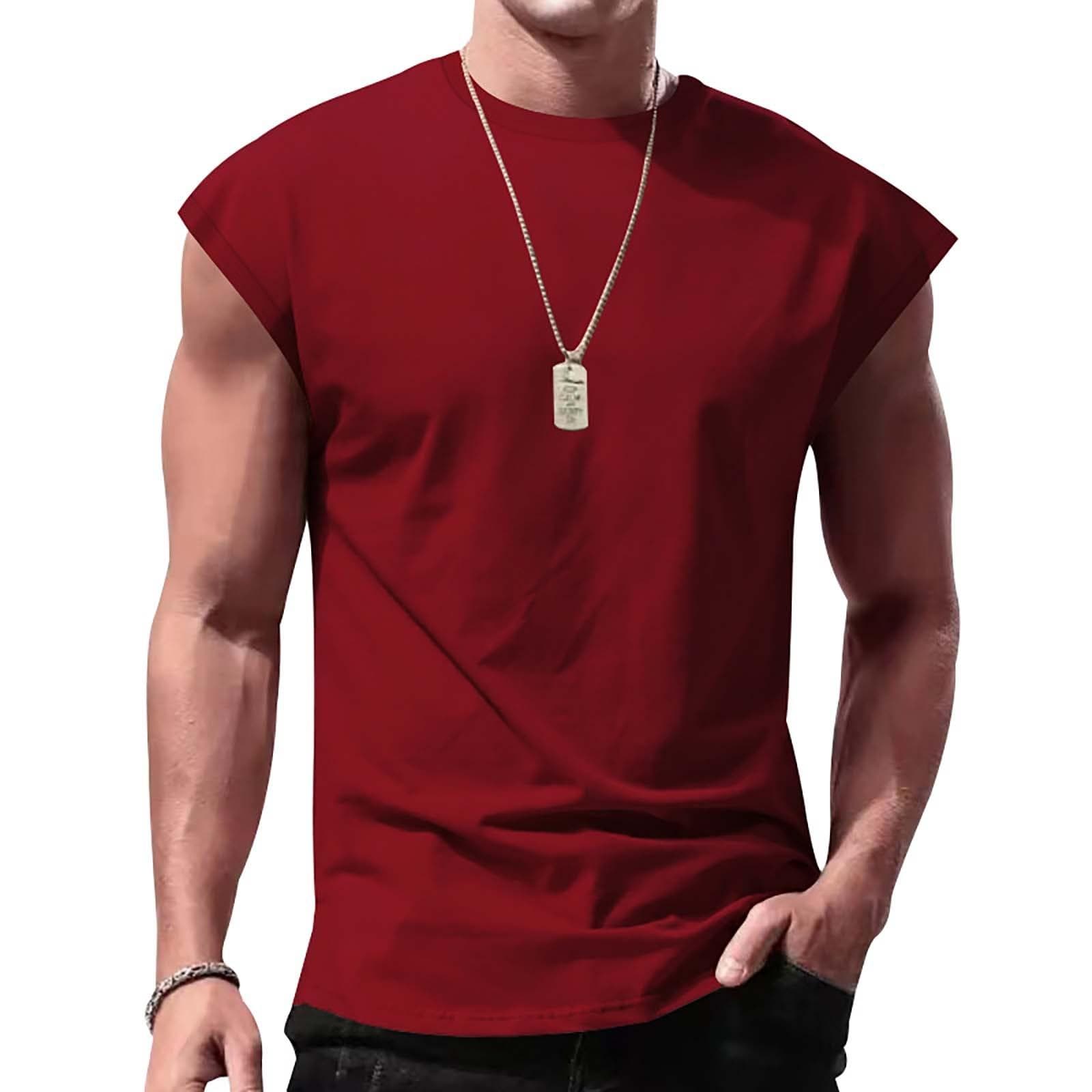 Men's Summer Sleeveless T-shirt Youth Casual Loose Solid Color Thin Camisole T-shirt XL wine
