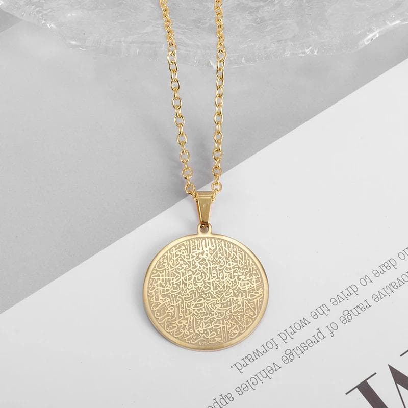 Stainless Steel Islamic Muslim Quran Verse Pendant Necklace Men Women Fourteenth Line Amulet Jewelry AL1362-Gold