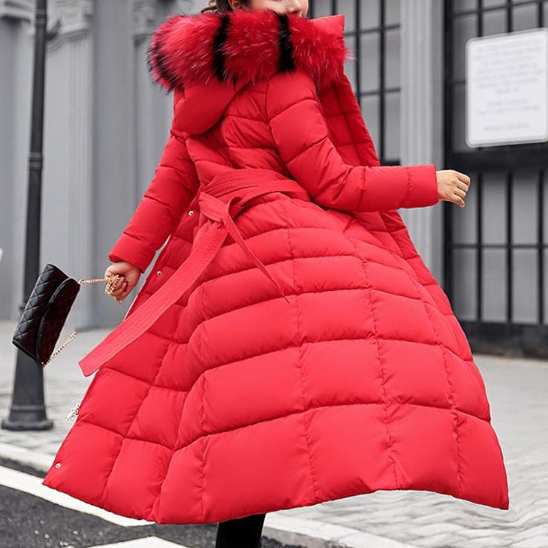 New Winter Jacket Ladies Warm Fashion Bow Belt Collar Long Dress Ladies Thick Coat L red