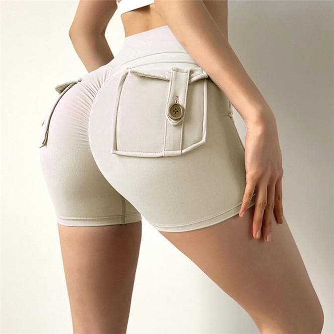 Women Sport Shorts Pockets Sexy High Waist Push Up Shorts Pants Fitness Cycling Tights Shorts L ivory