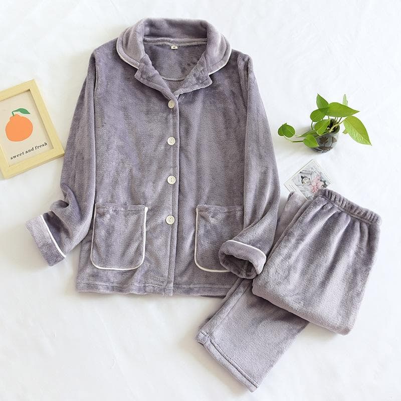 Winter New Couple Pajamas Set Flannel Thickened Warm Long-sleeved Trousers Two-piece Solid Color Men's and Women's Home Clothes XL