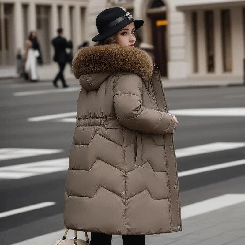 Fashion Solid Long Parkas Hooded Drawstring Loose Casual Winter Jackets Women Hooded Fur Collar Down Cotton Outwear L coffee