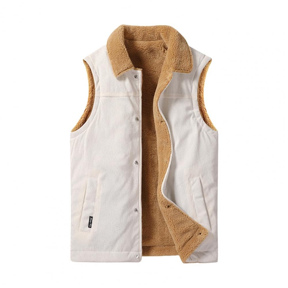 Men Winter Waistcoat Velvet Lining Corduroy Vest Coat Lapel Sleeveless Single-Breasted Thickened Vest with Pockets M beige