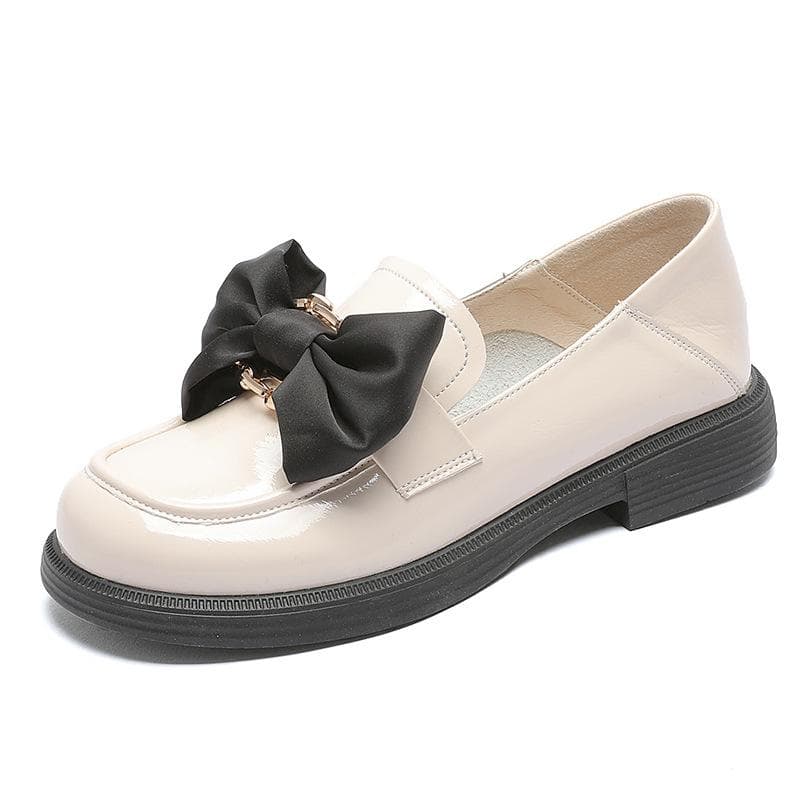 Cowhide Loafers Women's Spring New Patent Leather Sweet Bowknot Flat Small Leather Shoes Single Shoes 38 beige