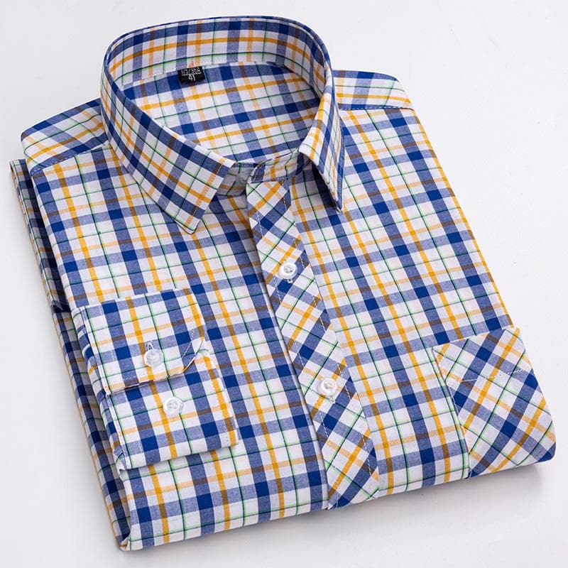 Pure Cotton Mens Plaid Shirts Long Sleeve Busienss Casual Classical Checked Design Fashion 42