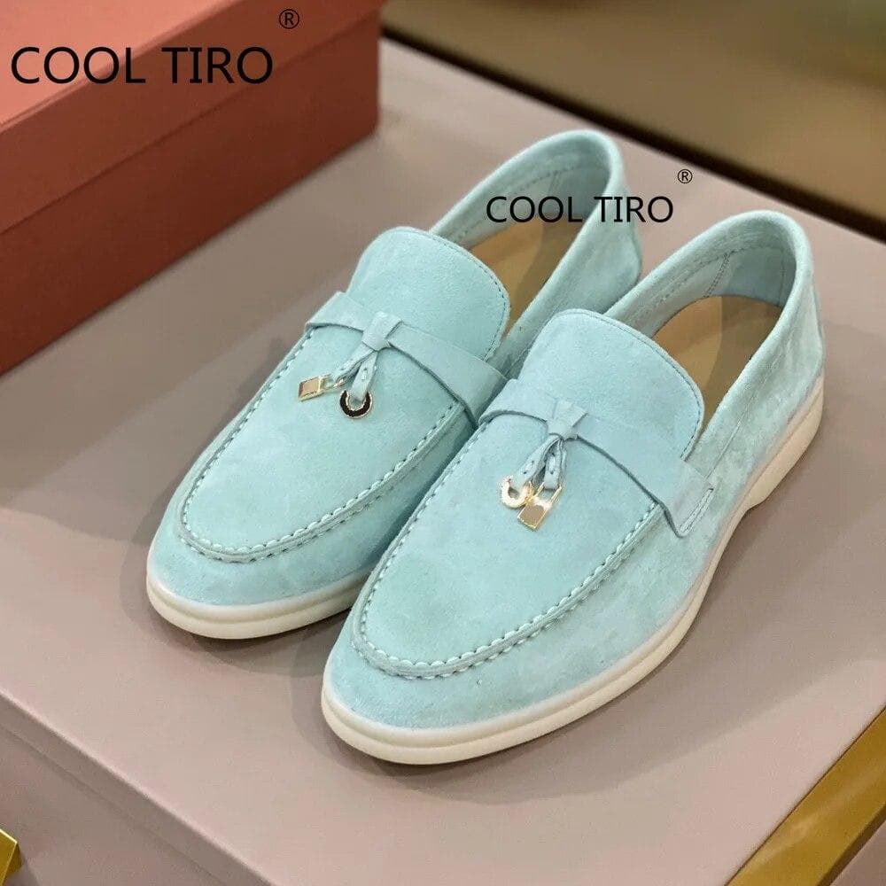 Woman Flat Shoes Slip On Women Loafers Leather Metal Lock Blue Suede Moccasins Mules Casual Driving Shoe Summer Walk Shoes Femme 40