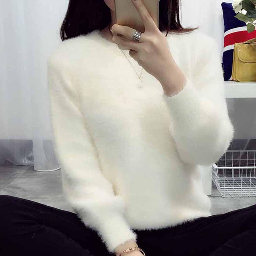 Skinny Style Womens Casual Long Sleeve Knitted Pollover Loose Jumper Tops Sweater Knitwear One size white