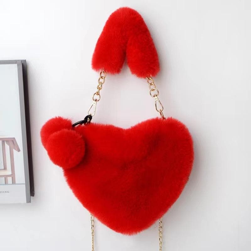 Faux Fur Heart-shaped Women Small Handbags Fluffy Plush Ladies Chain Shoulder Bag Female Furry Daily Clutch Purse