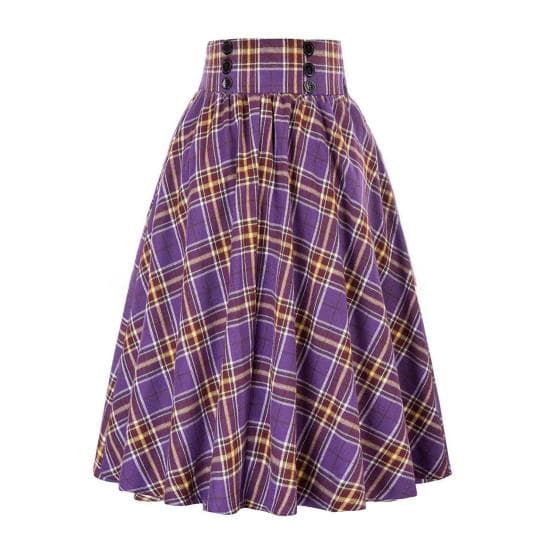 Women Skirt Elastic High Waist A-Line Midi Skirt Contrast Color Plaid Print S purple