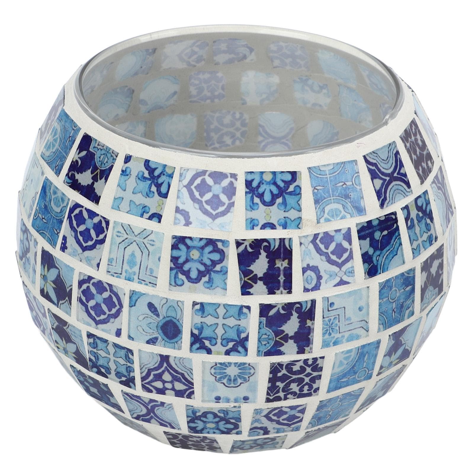 Tealight Candle Holder Blue and White Glass Mosaic Floral Patterns Warm Romantic Handcrafted