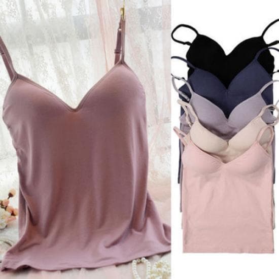 Women Padded Bra Spaghetti Strap V Neck Vest Tank Tops Shirt Blouse M blue