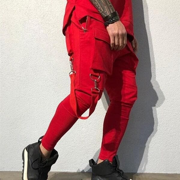 Side Zipper Pockets Ribbons Men's Jogger Trousers Cotton Hip Hop Streetwear Sweatpants Pencil Pants L red