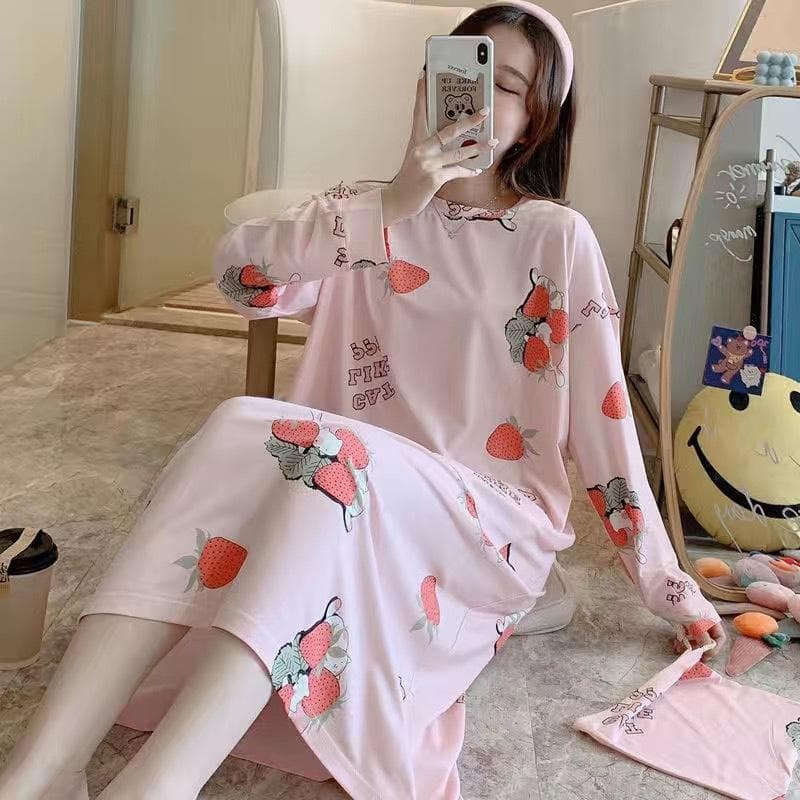 Autumn Winter Long Sleeve Nightdress Female Korean Pajamas Cute Student Plus Size Medium Length Homewear Birthday Christmas Gift One size