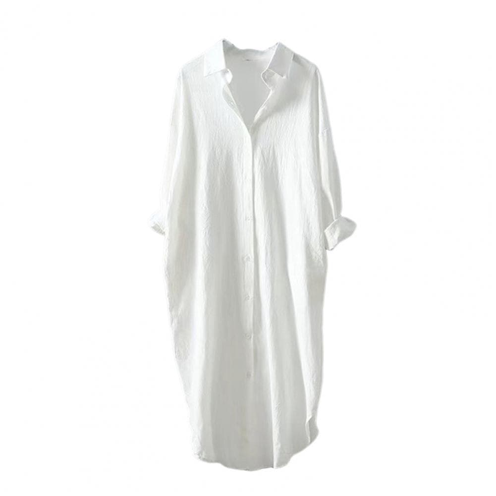Women Shirt Lapel Three-quarter Sleeves Mid-length Shirt Tops Single Breasted Solid Color Loose Fit Casual Shirt S white