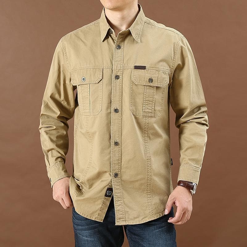 Men'S Casual Loose Long Sleeve Shirts Solid Color XL khaki