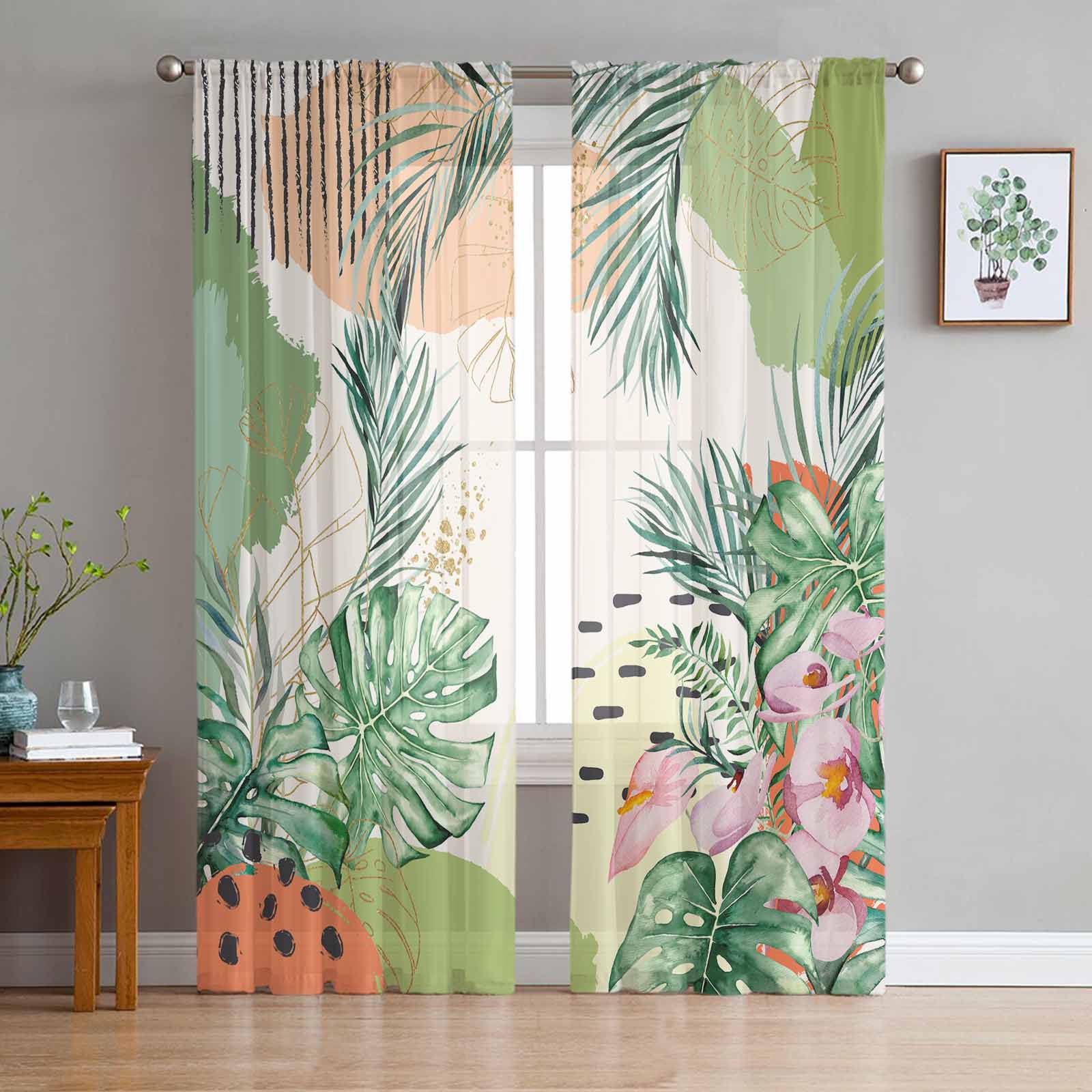 Summer Tropical Palm Leaf Watercolor Window Tulle Curtains for Living Room Bedroom Hotel Luxury Decoration Sheer Curtains 135W x 114H(cm)