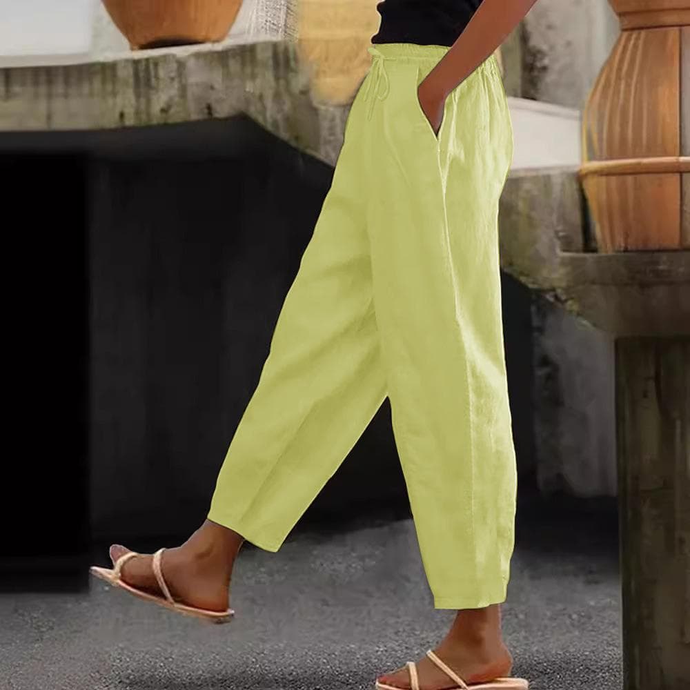 Women's Cotton Linen Trouser Solid Color Elasticated Waist Trousers Casual Straight Leg Bottoms with Pockets XL lemon yellow
