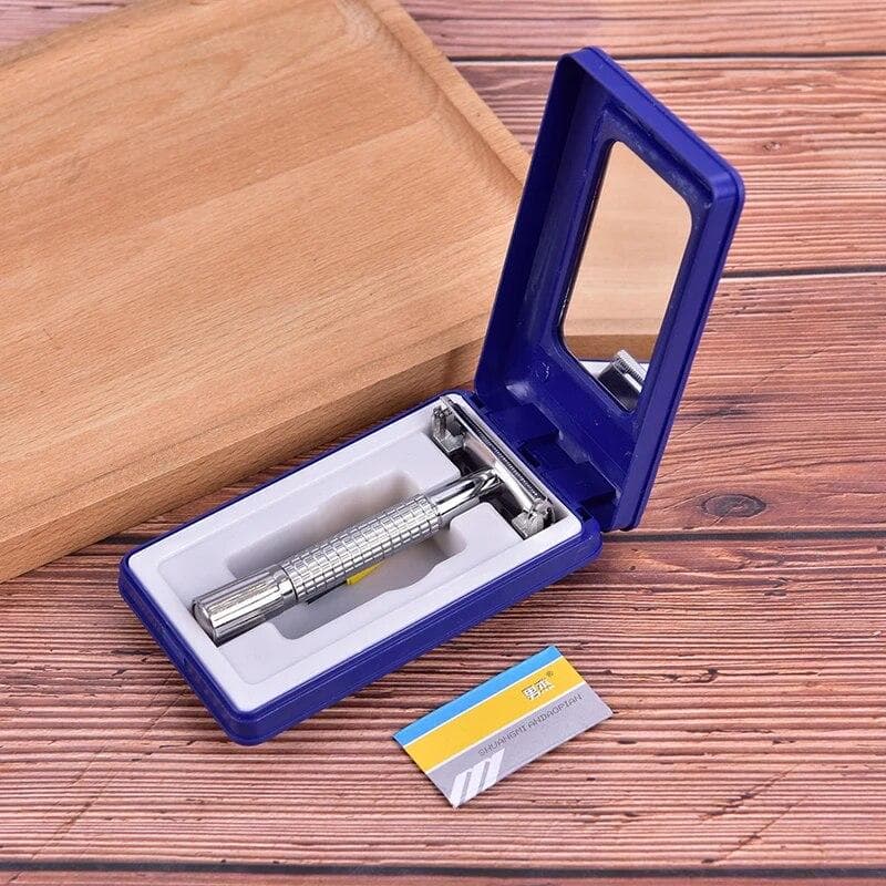 Men's Traditional Double Edge Stainless Steel Razor Double Edge Blade Safety Shaver Handle Holder Blade Mirror blue