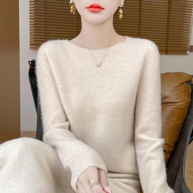 Women's 100% Pure Wool Loose Knitted Pullover Sweater for Autumn/Winter round neck, XXL