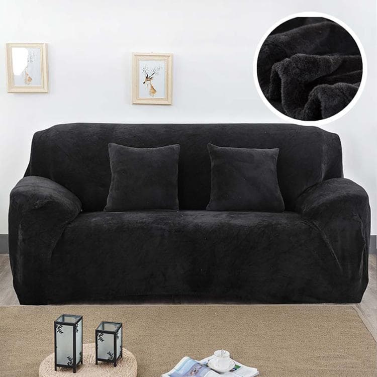 Velvet Plush Thicken Sofa Cover All-inclusive Elastic Sectional Couch Cover for Living Room Chaise Longue L Shaped Corner Covers 2 seaters black