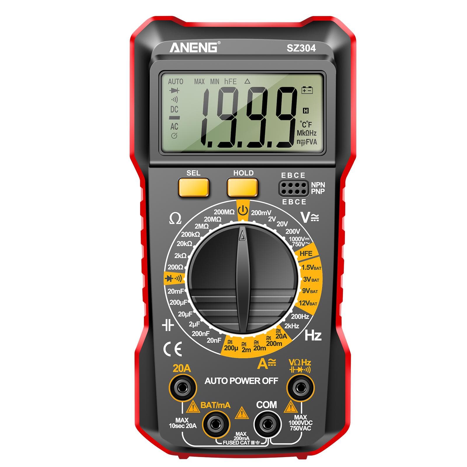 ANENG SZ304 Multifunction 1999 Counts Digital Multimeter True RMS Handheld High Precision Tester red