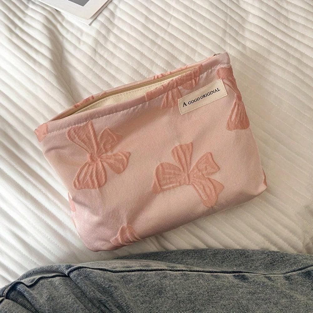 1pcs Large Capacity Canvas Bow Makeup Bag, 3d Printed Handbag, Student Pencil Case Storage Bag, High-End And Fashionable Style pink