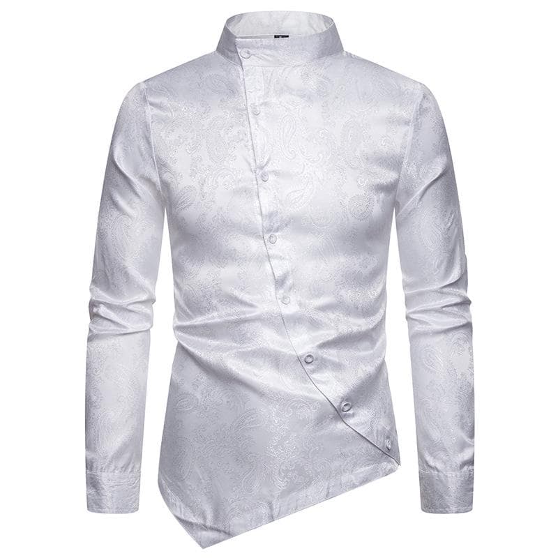 Men's Floral Printing Dress Shirt Stand Collar Slim Fit Party Shirts M white