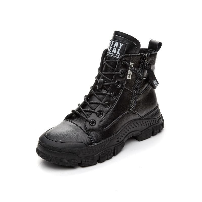 Genuine Leather Shoes Women High Top Sneakers Fashion Women Shoes Cool Street Young Ladies Footwear 35 black