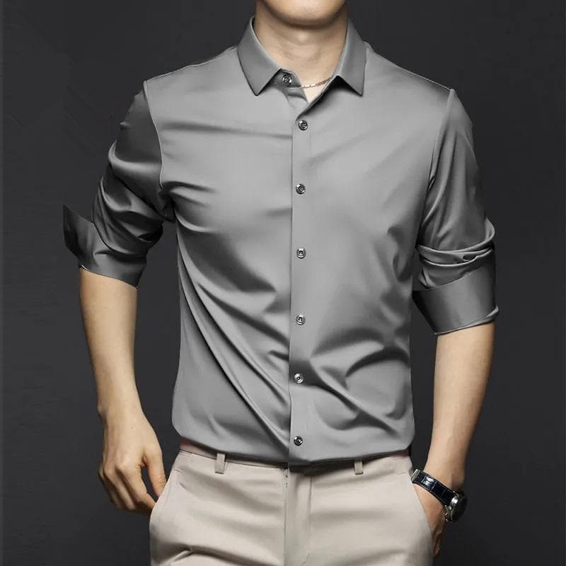 New Stretch Anti-Wrinkle Men's Shirts Long Sleeve Dress Shirts for Men Slim Fit Social Business Blouse White Shirt 6XL L dark grey
