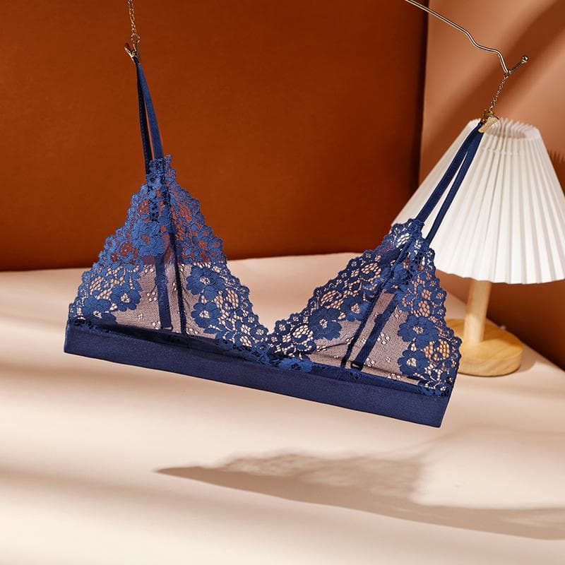 Lace bra without steel ring tube top thin no chest pad deep V bras lace floral sexy bra Bralette lingerie L blue