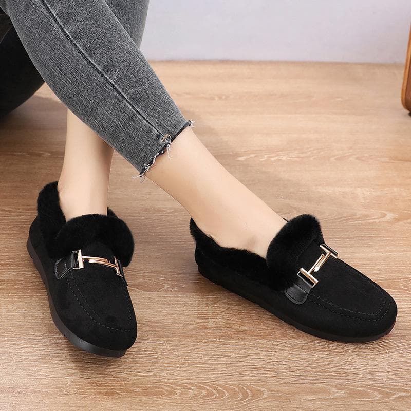 Women Winter Casual Shoes Moccasins Soft Flat Non-slip Loafers Fashion Comfort Warm Plush Bow Slip on Female Cotton Shoes 37