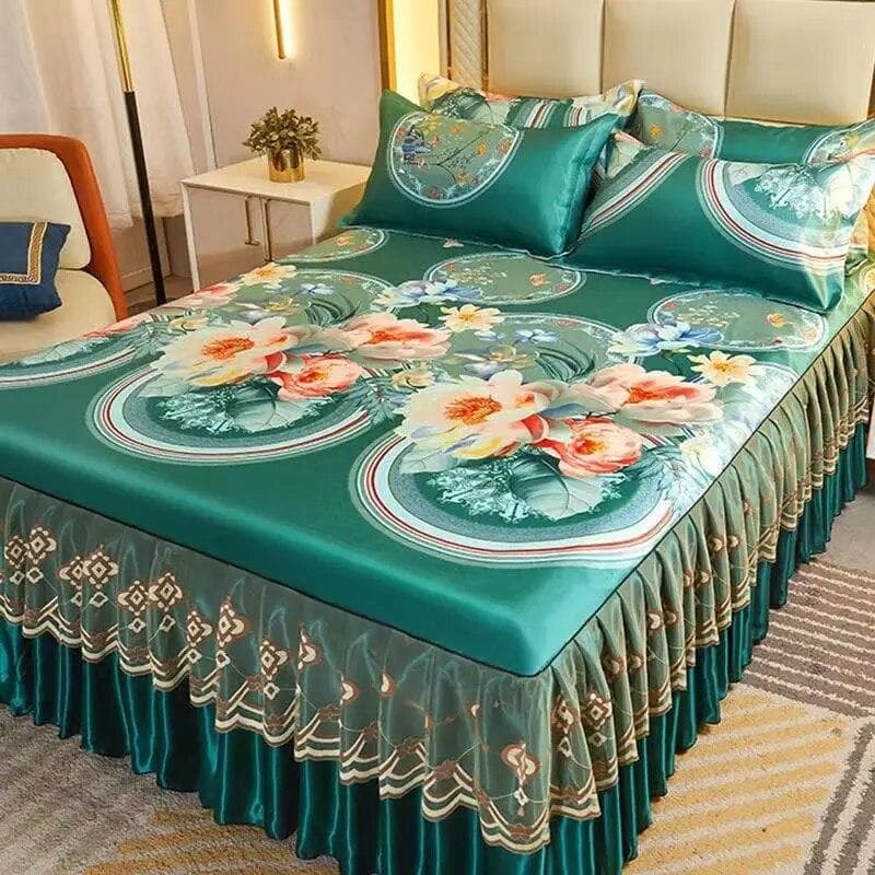 3Pcs/Lot Double Bed Sheet Set Classic Lace Royal Blue Bed Sheet Bed Skirt, Machine Washable Wedding Bedspread Mattress Cover 200X220CM