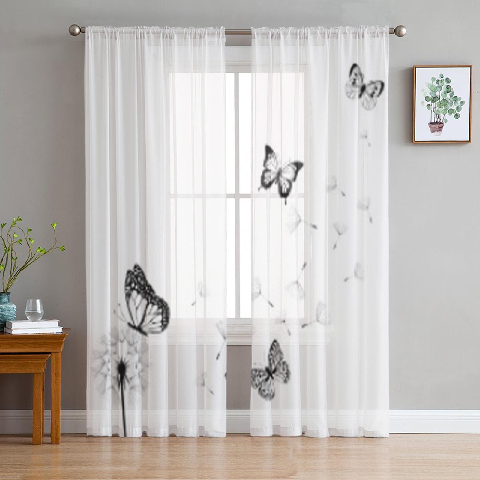 Dandelion Silhouette With Butterflies Sheer Curtains for Living Room Tulle Window Curtain Bedroom Kitchen Veil Drapes 135W x 114H(cm)