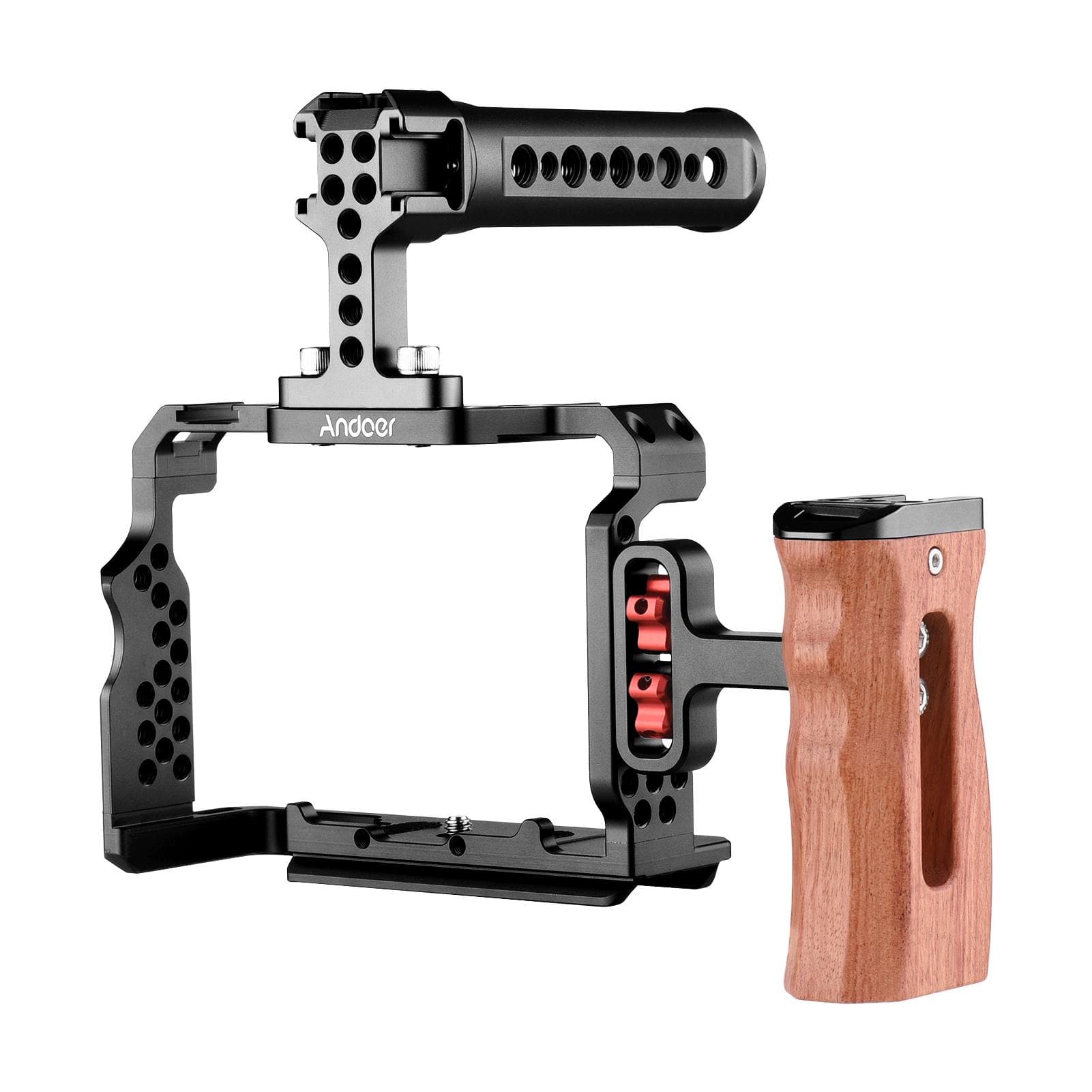 Andoer Aluminum Alloy Camera Cage Kit with Video Rig Top Handle Wooden Grip Replacement for Sony black