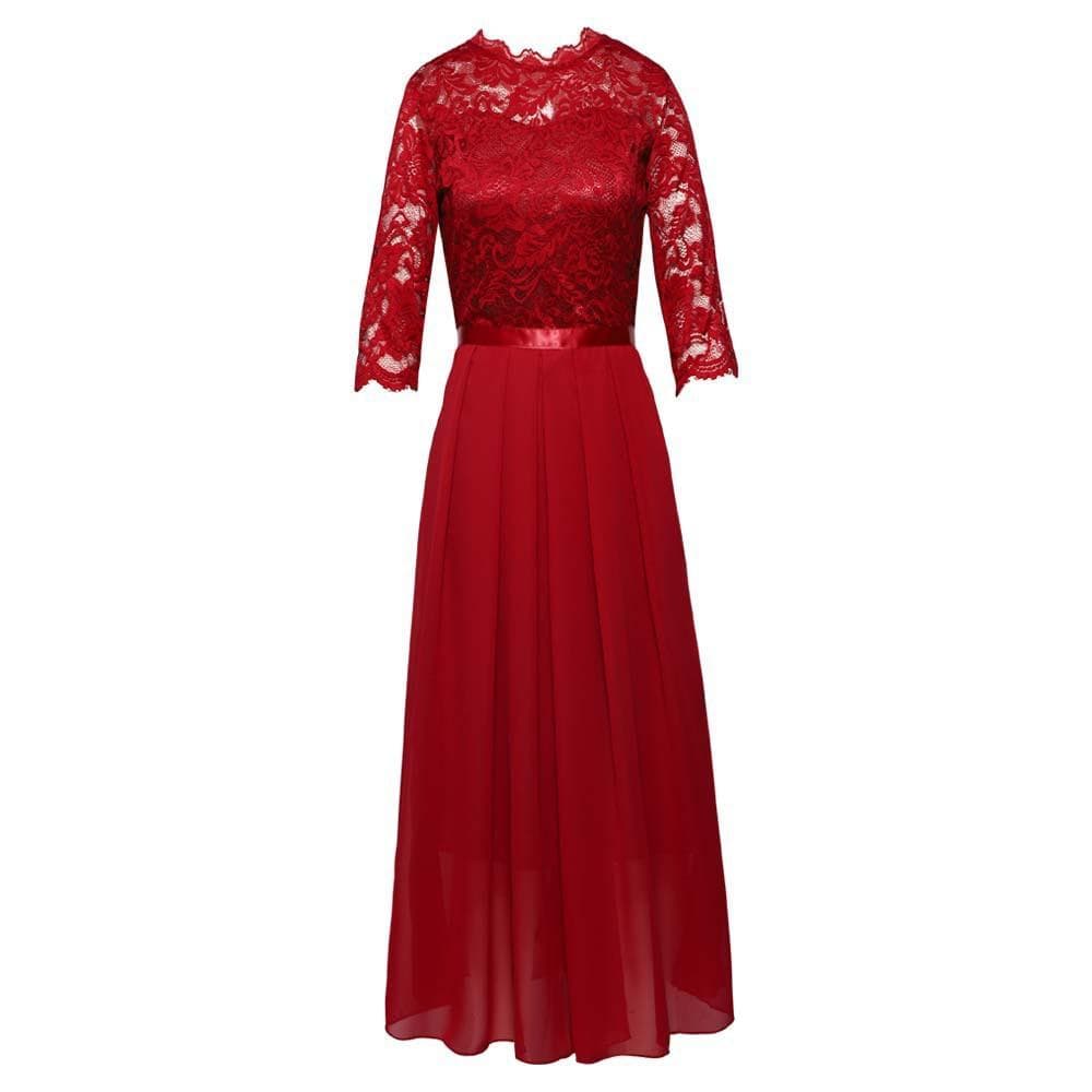 Women's three-quarter sleeve round neck long lace evening dress XXL burgundy
