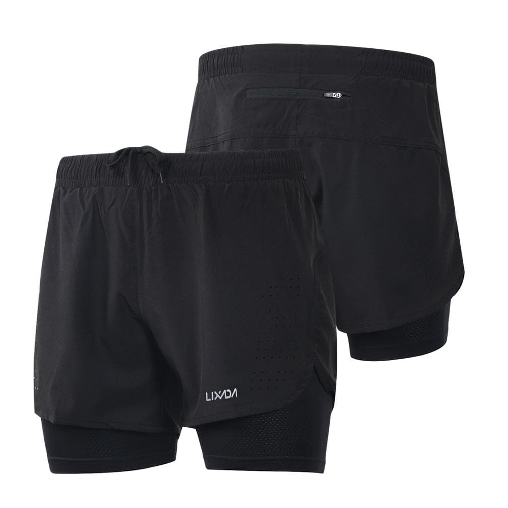 Lixada Men's 2-in-1 Running Shorts Quick Drying Breathable Active Training Exercise Jogging Cycling Shorts with Longer Liner L black