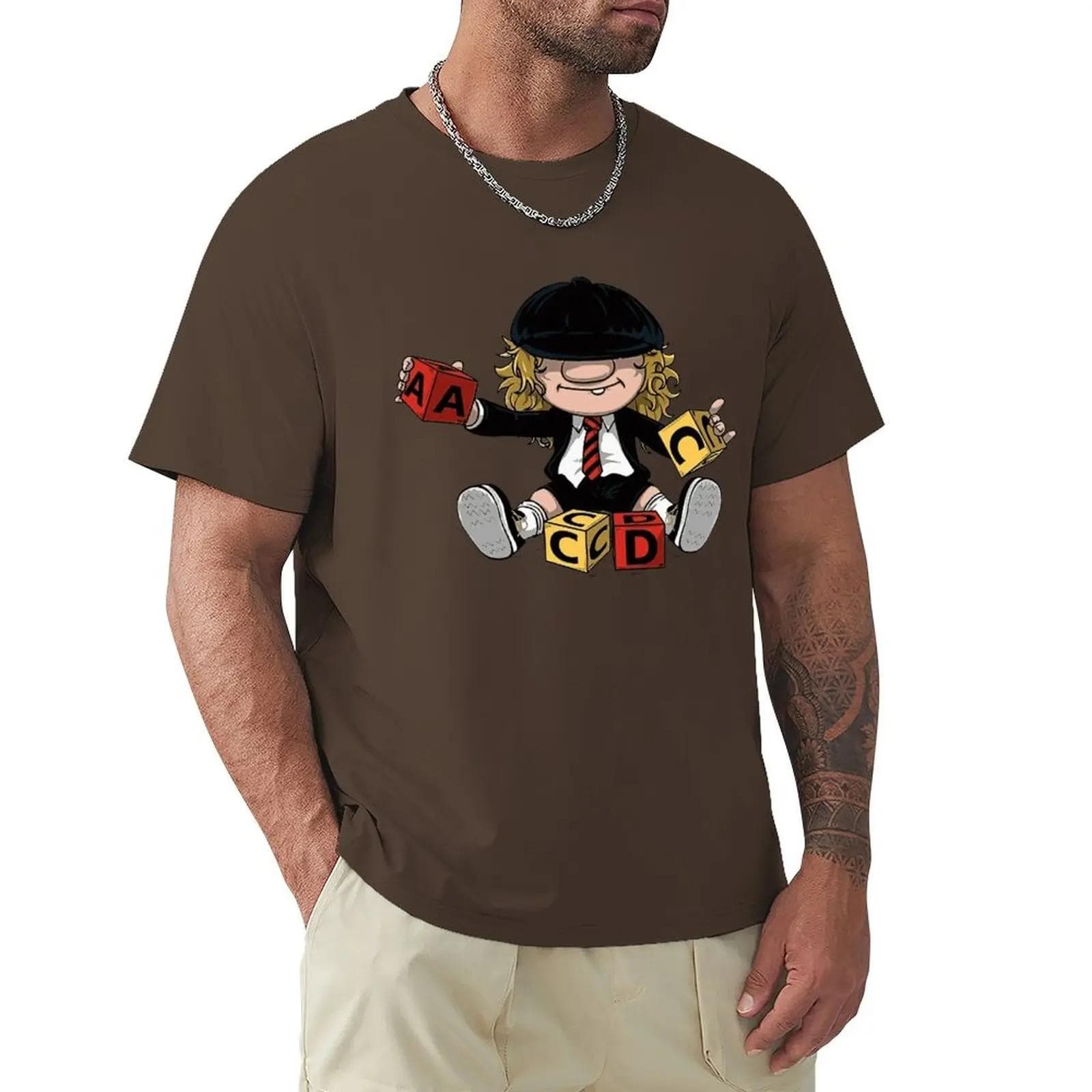 AC_DC Angus Young Hardrock Music Band Fan Male T Shirts Cartoon Graphic TShirts Cool Short Sleeve Clothing Streetwear T-Shirts S khaki