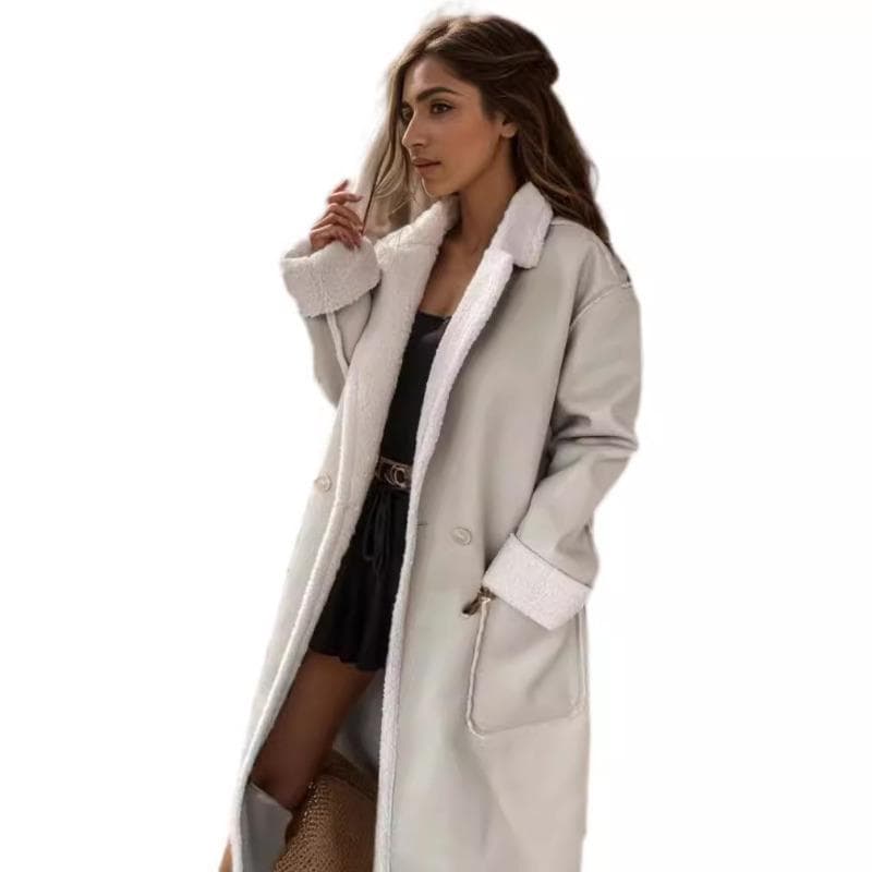Autumn and winter new casual leather velvet thickened trench coat loose fashion coat women L white